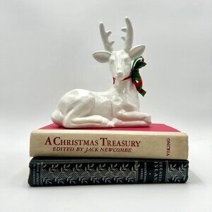 Vintage Ceramic Reindeer Figurine With Festive Red & Green Bow
